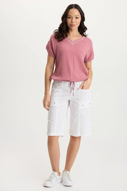 Bower Gauze/Jersey Tabbed-Sleeve Bubble-Hem V-Neck Tee