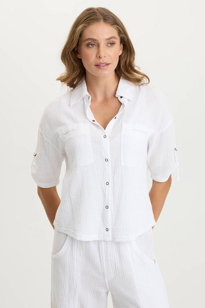 Maurise Gauze/Jersey Tabbed-Sleeve Snap-Up Top