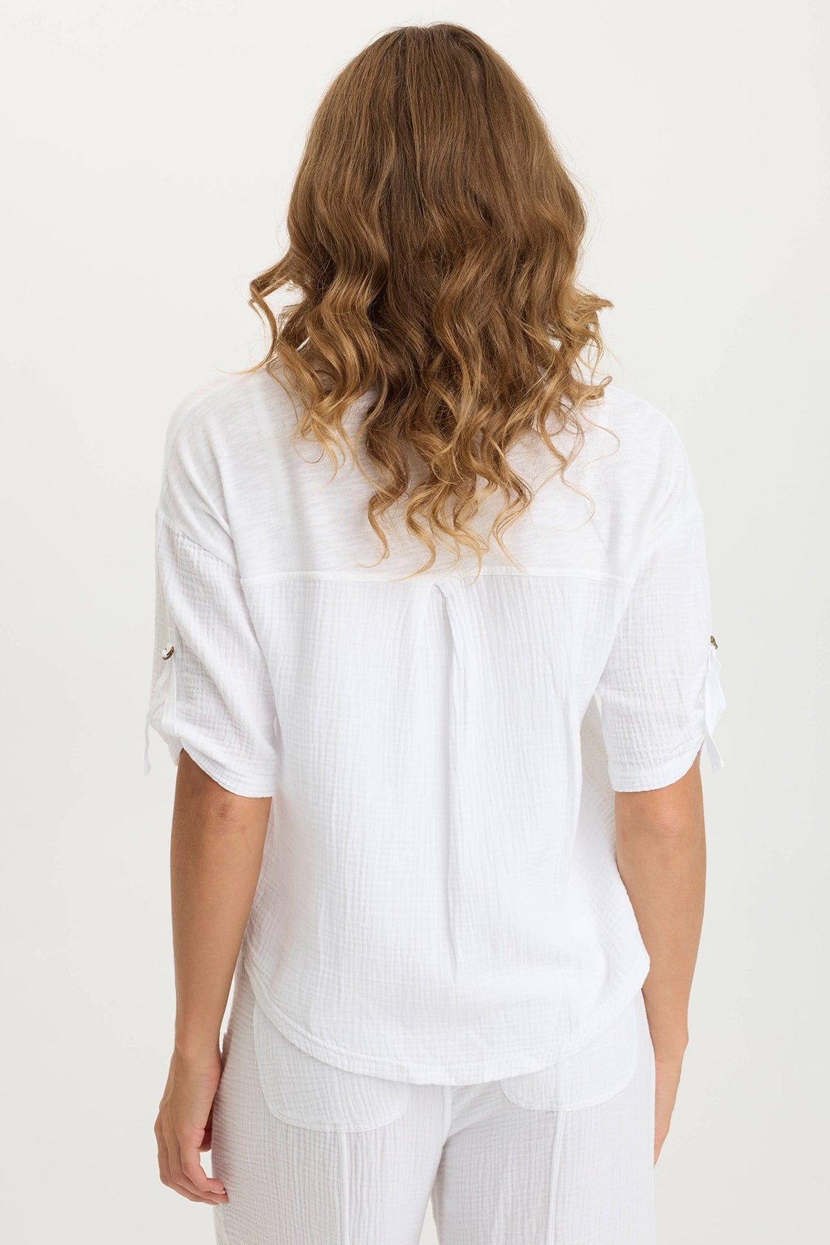 Maurise Gauze/Jersey Tabbed-Sleeve Snap-Up Top