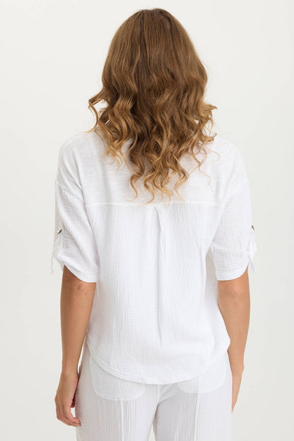 Maurise Gauze/Jersey Tabbed-Sleeve Snap-Up Top