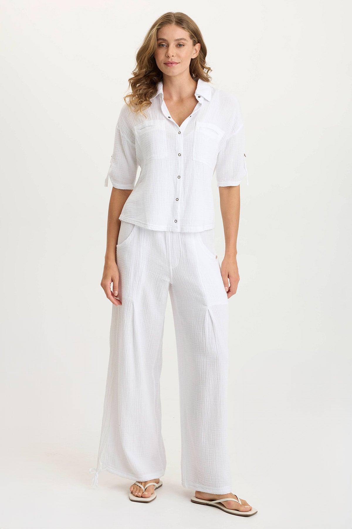 Maurise Gauze/Jersey Tabbed-Sleeve Snap-Up Top