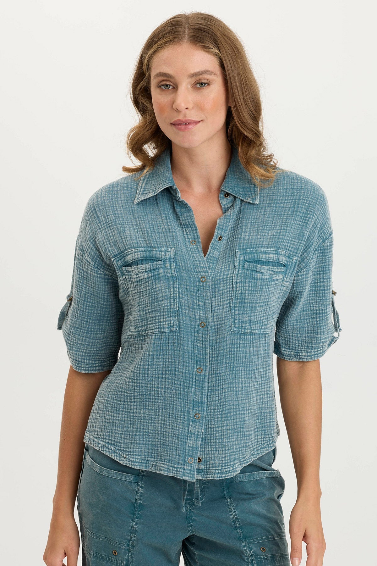 Maurise Gauze/Jersey Tabbed-Sleeve Snap-Up Top