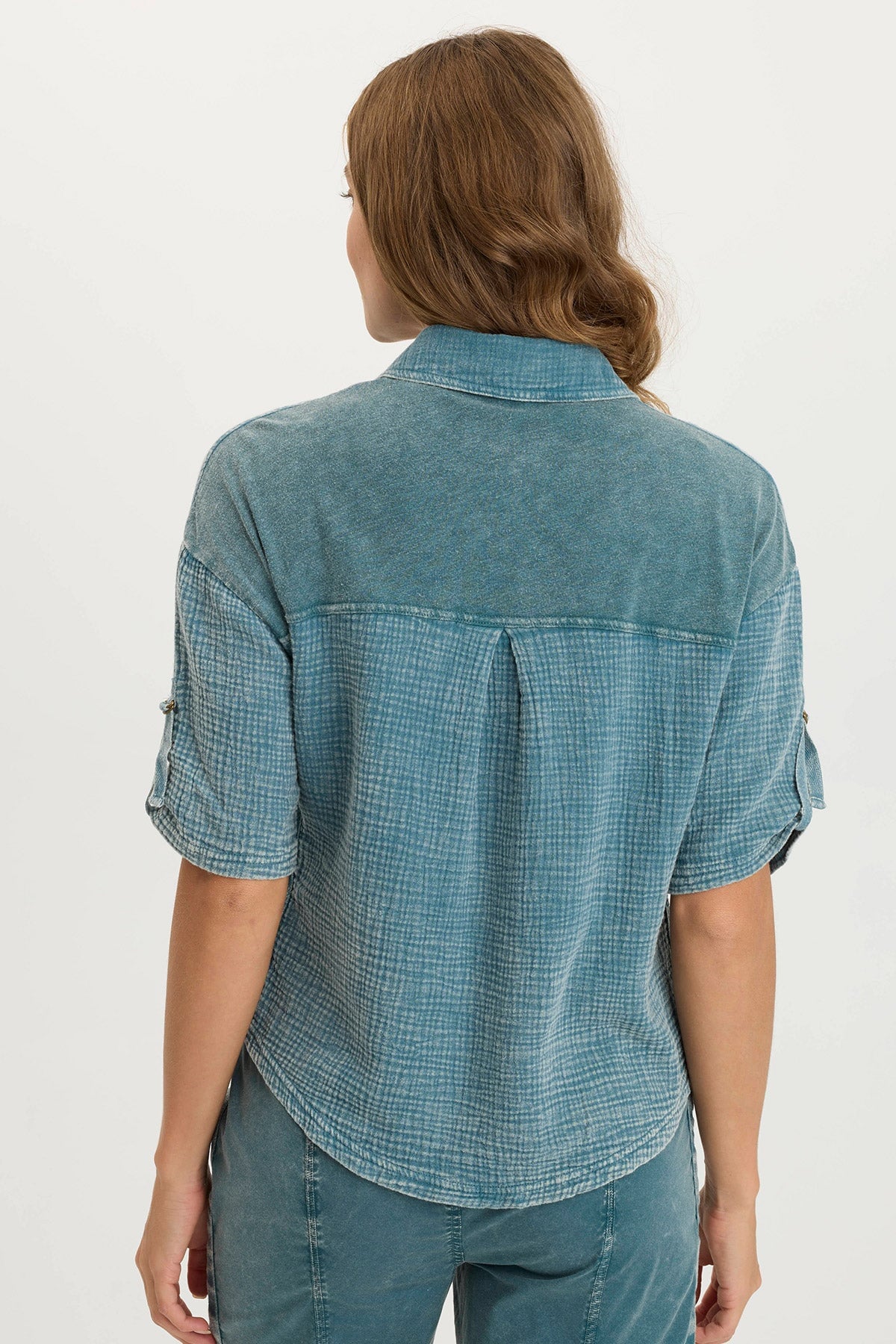 Maurise Gauze/Jersey Tabbed-Sleeve Snap-Up Top