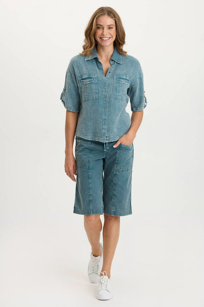 Maurise Gauze/Jersey Tabbed-Sleeve Snap-Up Top