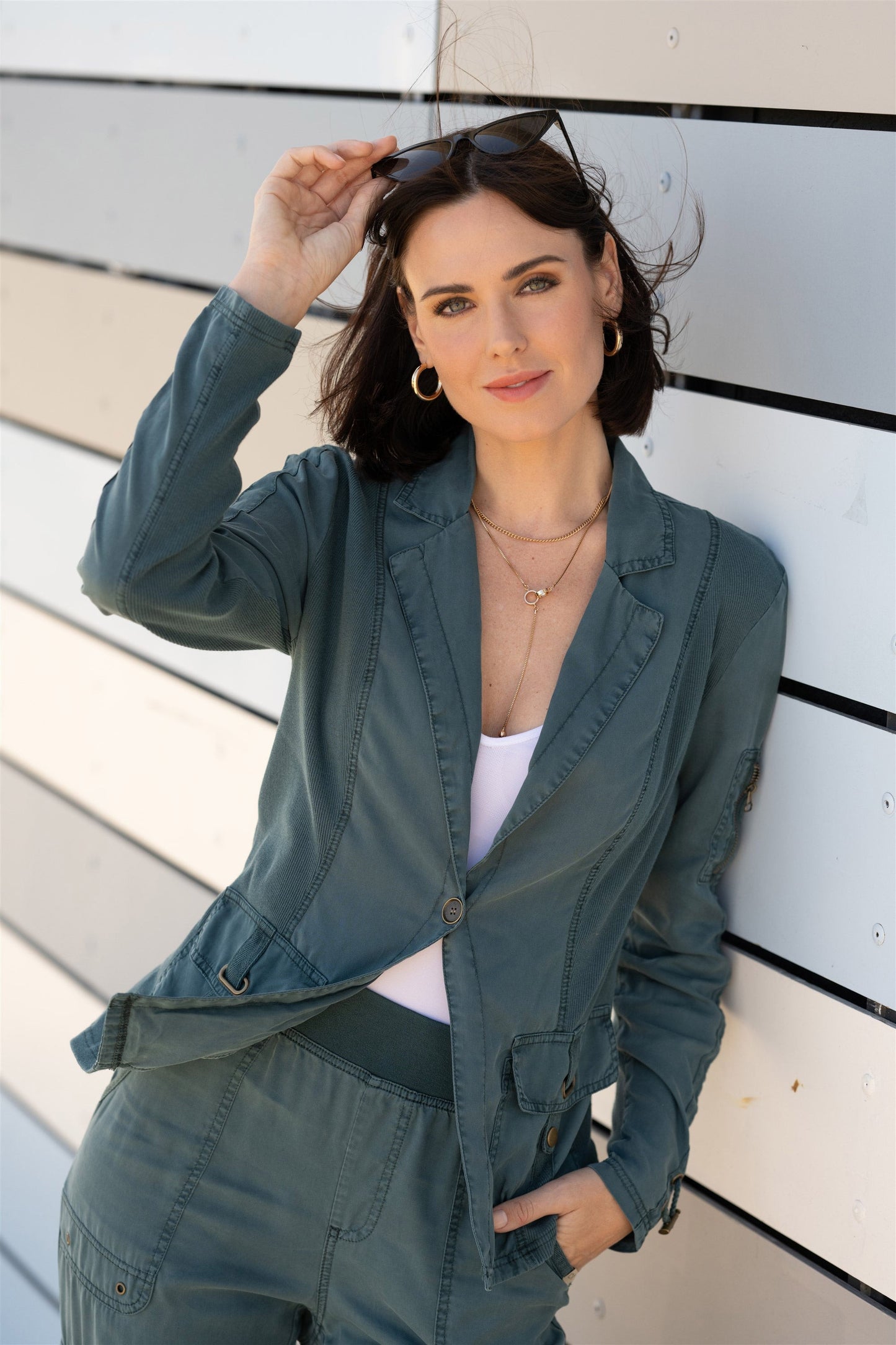 Stratford Twill/Jersey 3/4-Sleeve Blazer Jacket