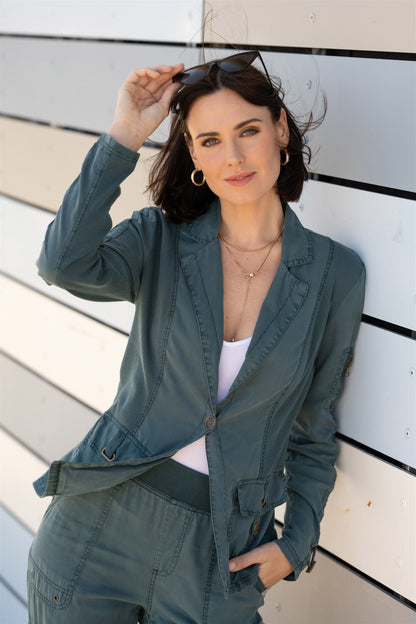 Stratford Twill/Jersey 3/4-Sleeve Blazer Jacket