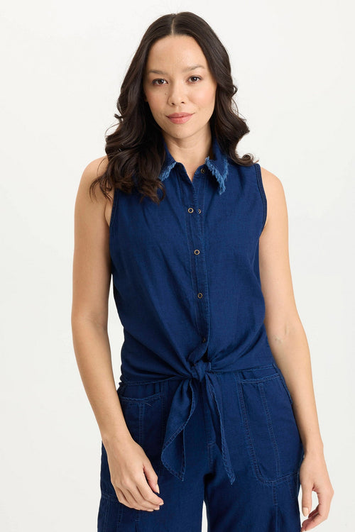 Tague Indigo Twill Knotted High-Low Snap-Up Tank