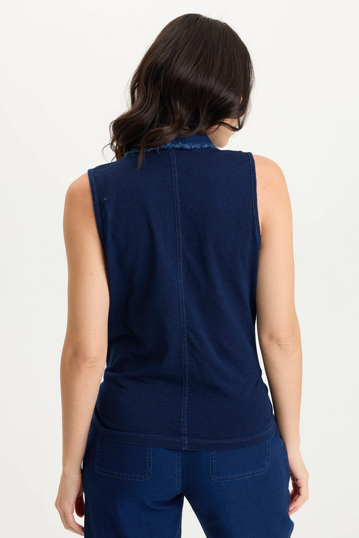 Tague Indigo Twill Knotted High-Low Snap-Up Tank