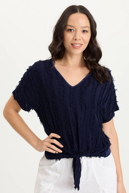 Curine Stripe Voile/Jersey Knotted V-Neck Top