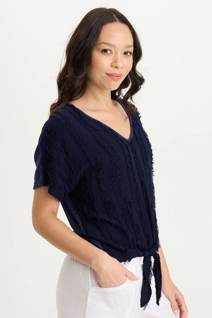 Curine Stripe Voile/Jersey Knotted V-Neck Top
