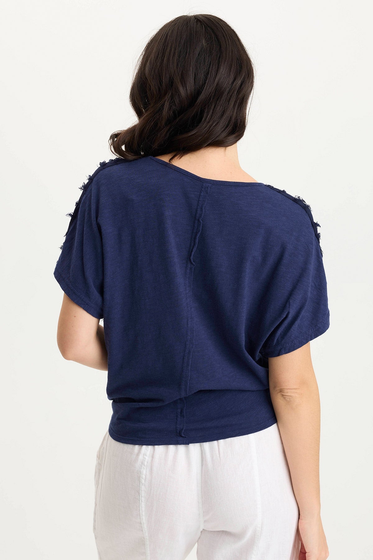 Curine Stripe Voile/Jersey Knotted V-Neck Top