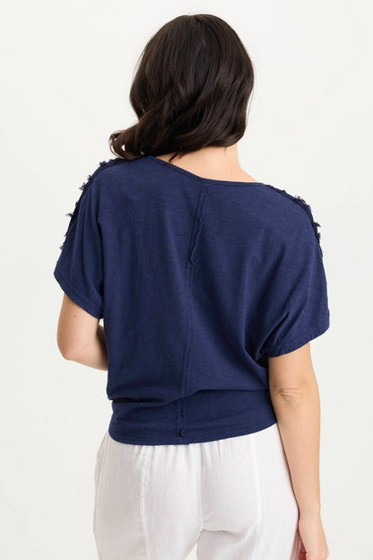 Curine Stripe Voile/Jersey Knotted V-Neck Top