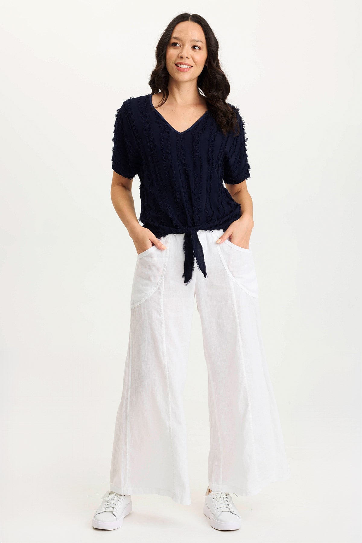 Curine Stripe Voile/Jersey Knotted V-Neck Top
