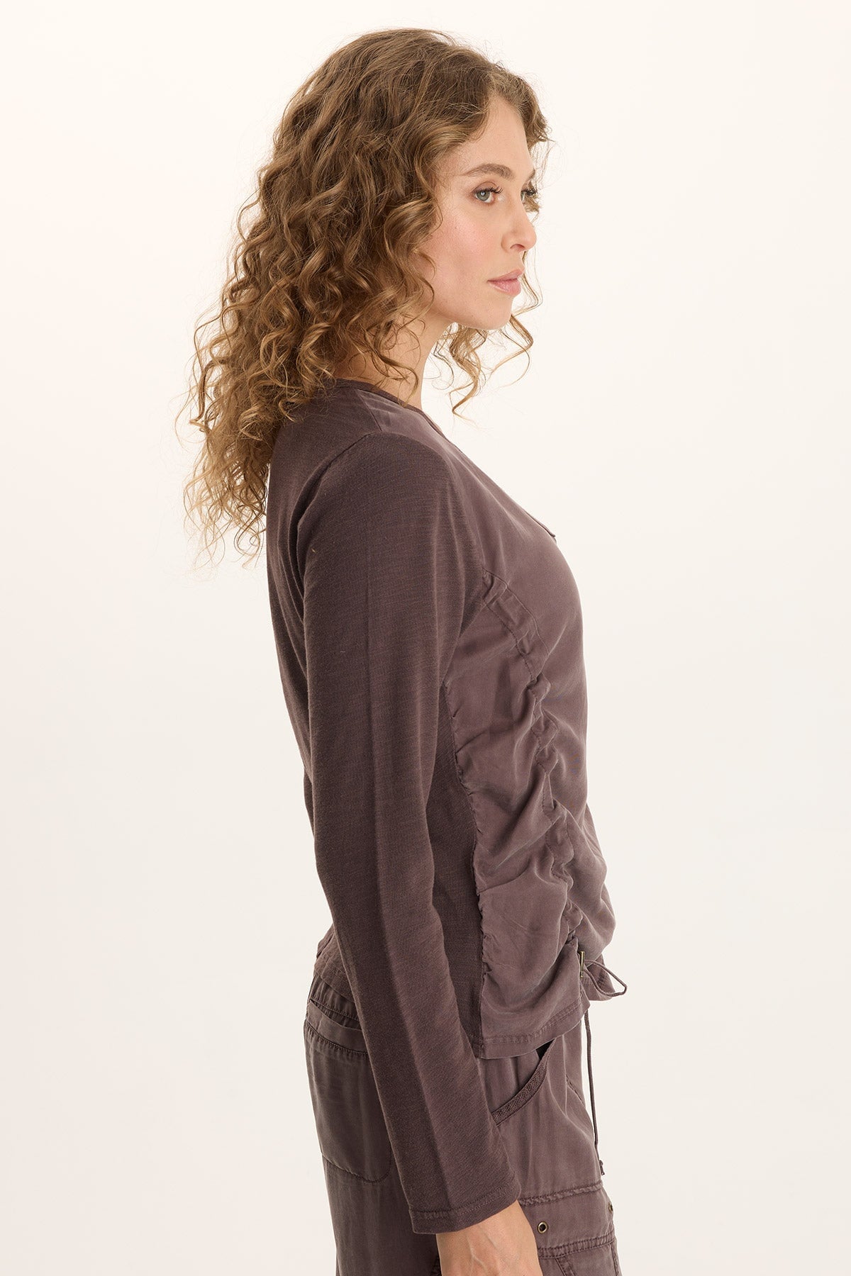 Ketti Long Sleeve Twill/Jersey Ruched V-Neck