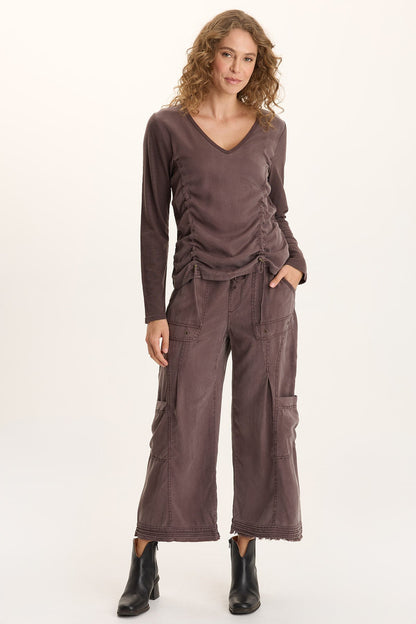 Ketti Long Sleeve Twill/Jersey Ruched V-Neck