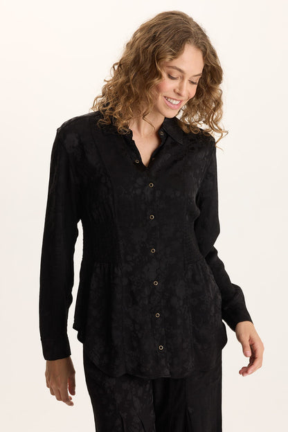 Senneca Textured Satin Shirred Peplum Button-Up Blouse