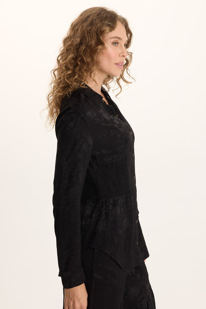 Senneca Textured Satin Shirred Peplum Button-Up Blouse