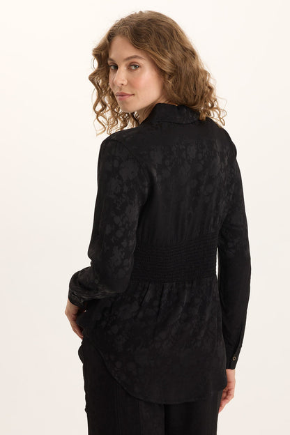 Senneca Textured Satin Shirred Peplum Button-Up Blouse