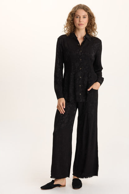 Senneca Textured Satin Shirred Peplum Button-Up Blouse