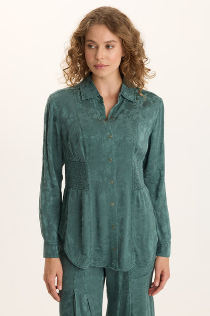 Senneca Textured Satin Shirred Peplum Button-Up Blouse