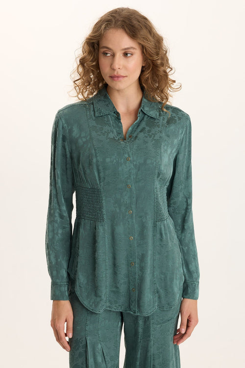 Senneca Textured Satin Shirred Peplum Button-Up Blouse