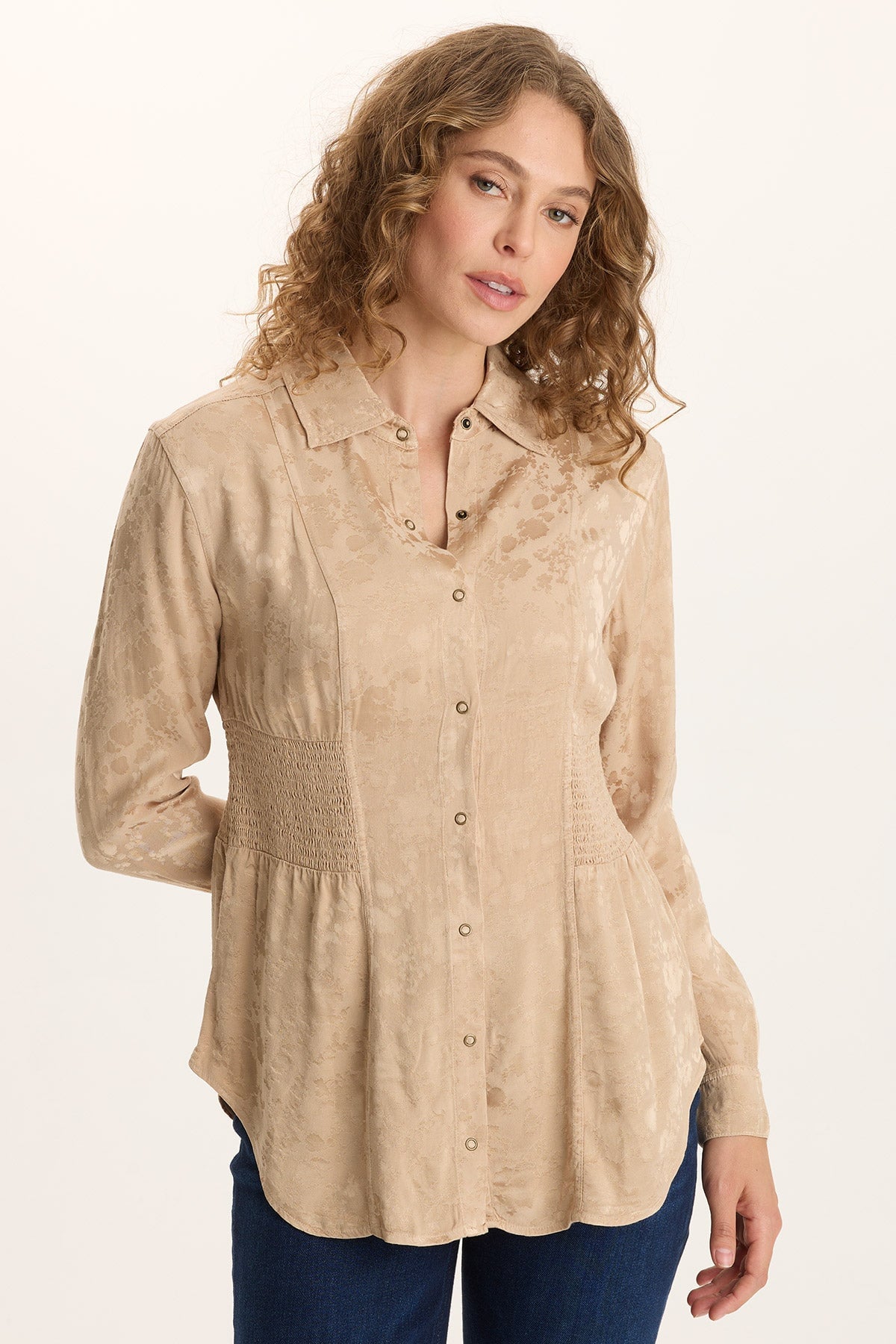 Senneca Textured Satin Shirred Peplum Button-Up Blouse