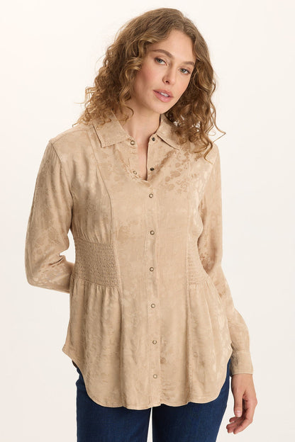 Senneca Textured Satin Shirred Peplum Button-Up Blouse