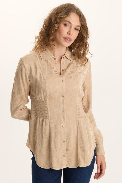 Senneca Textured Satin Shirred Peplum Button-Up Blouse