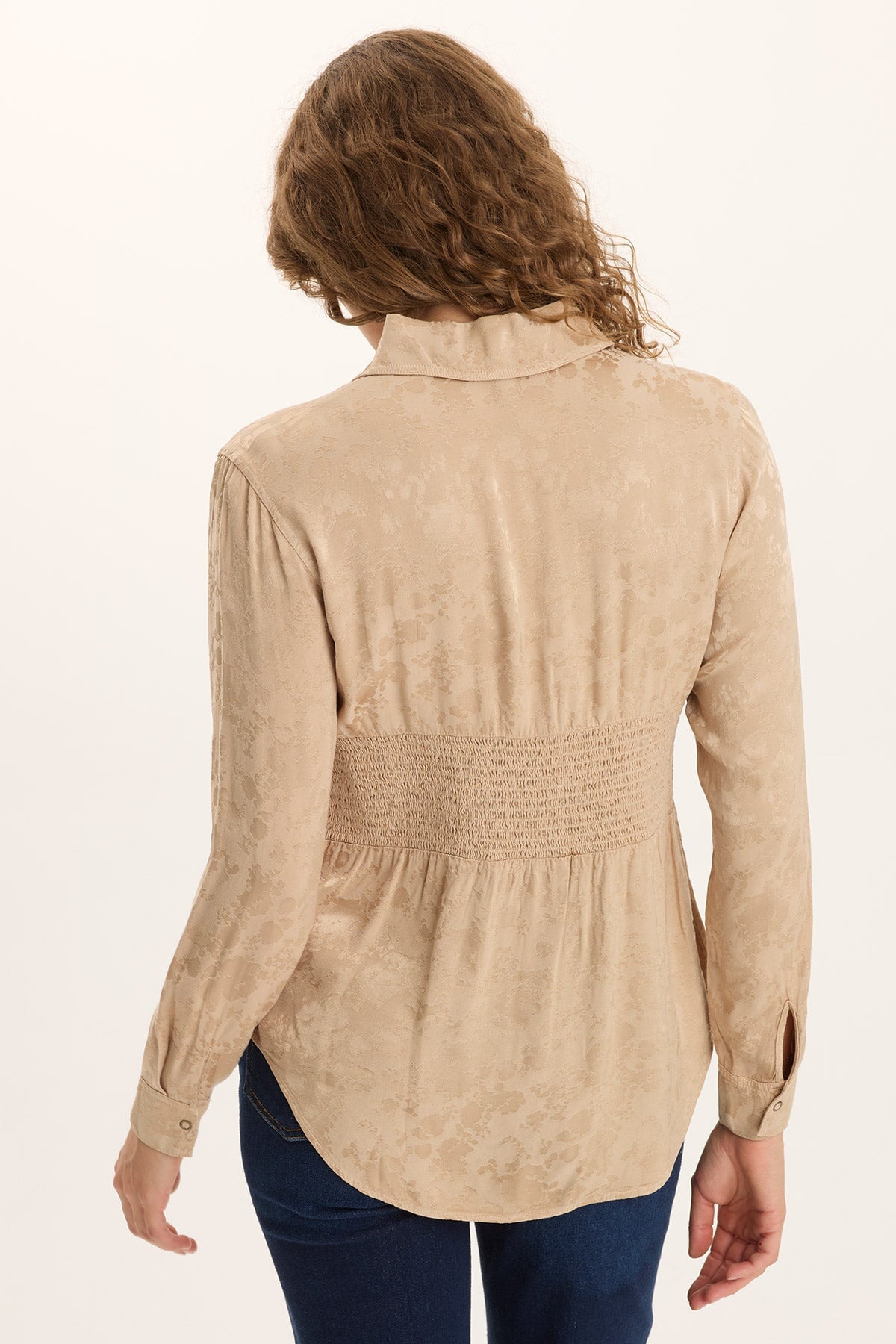 Senneca Textured Satin Shirred Peplum Button-Up Blouse