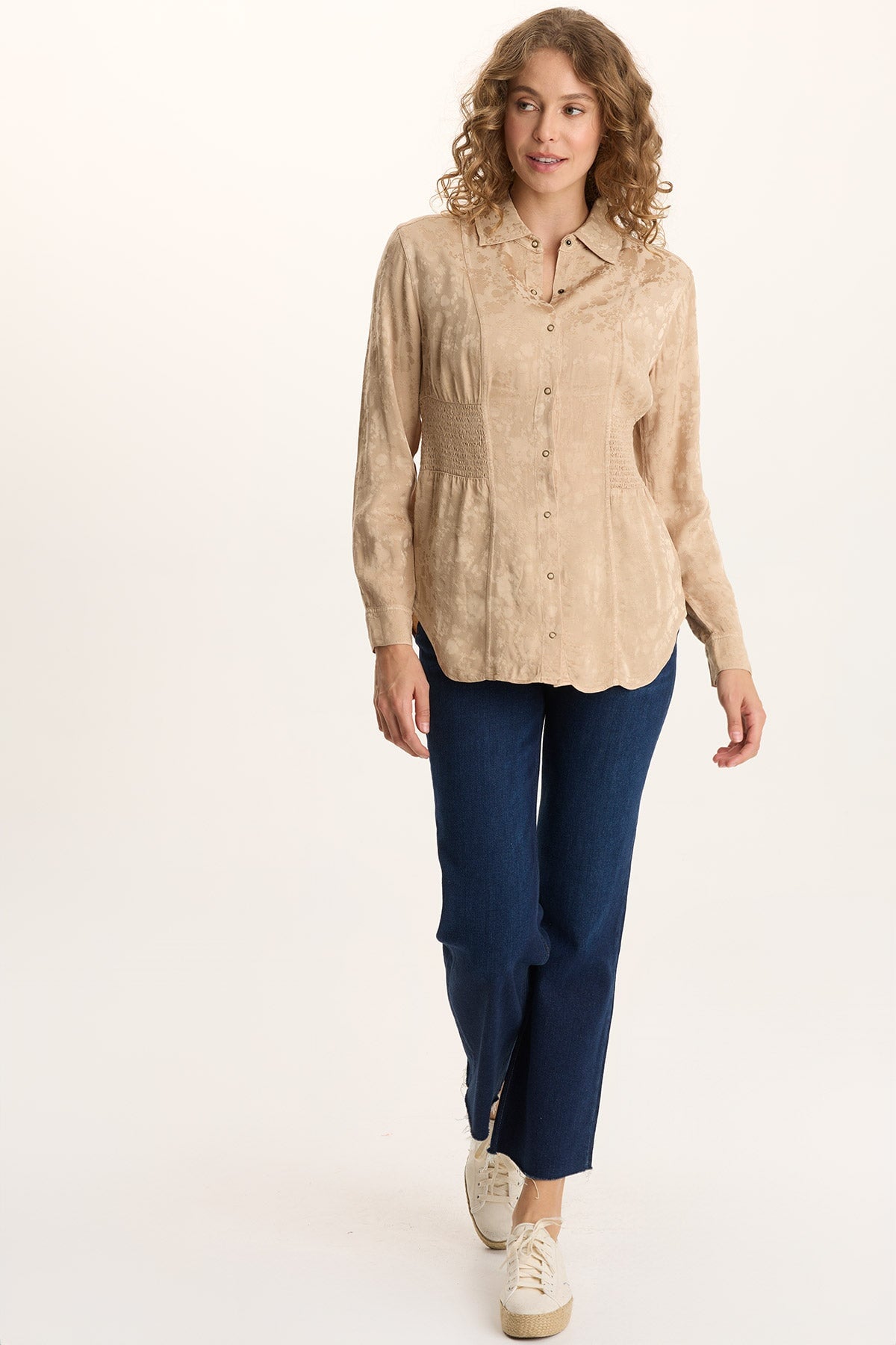 Senneca Textured Satin Shirred Peplum Button-Up Blouse