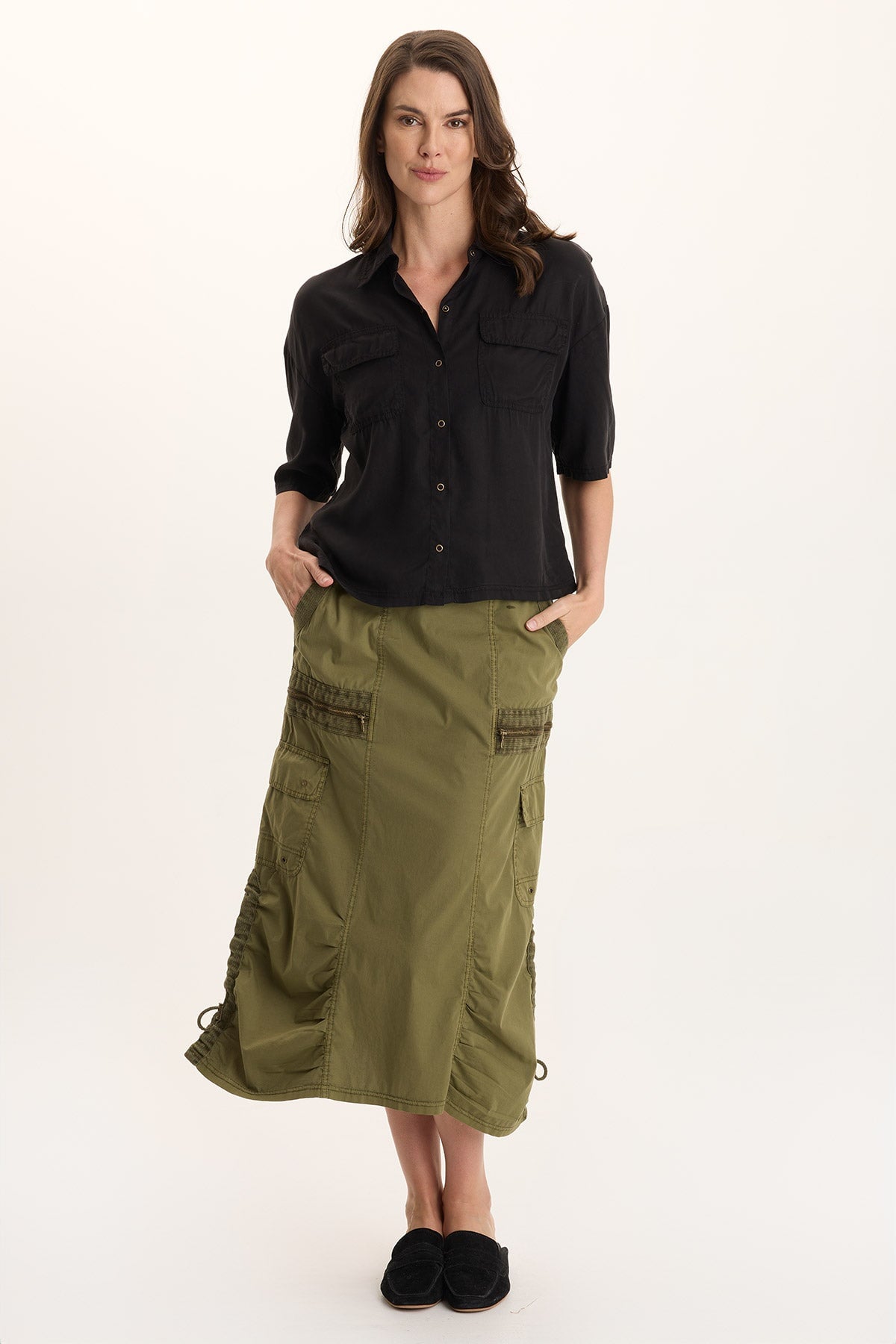 Shea Ruched Detail Cargo Midi Skirt