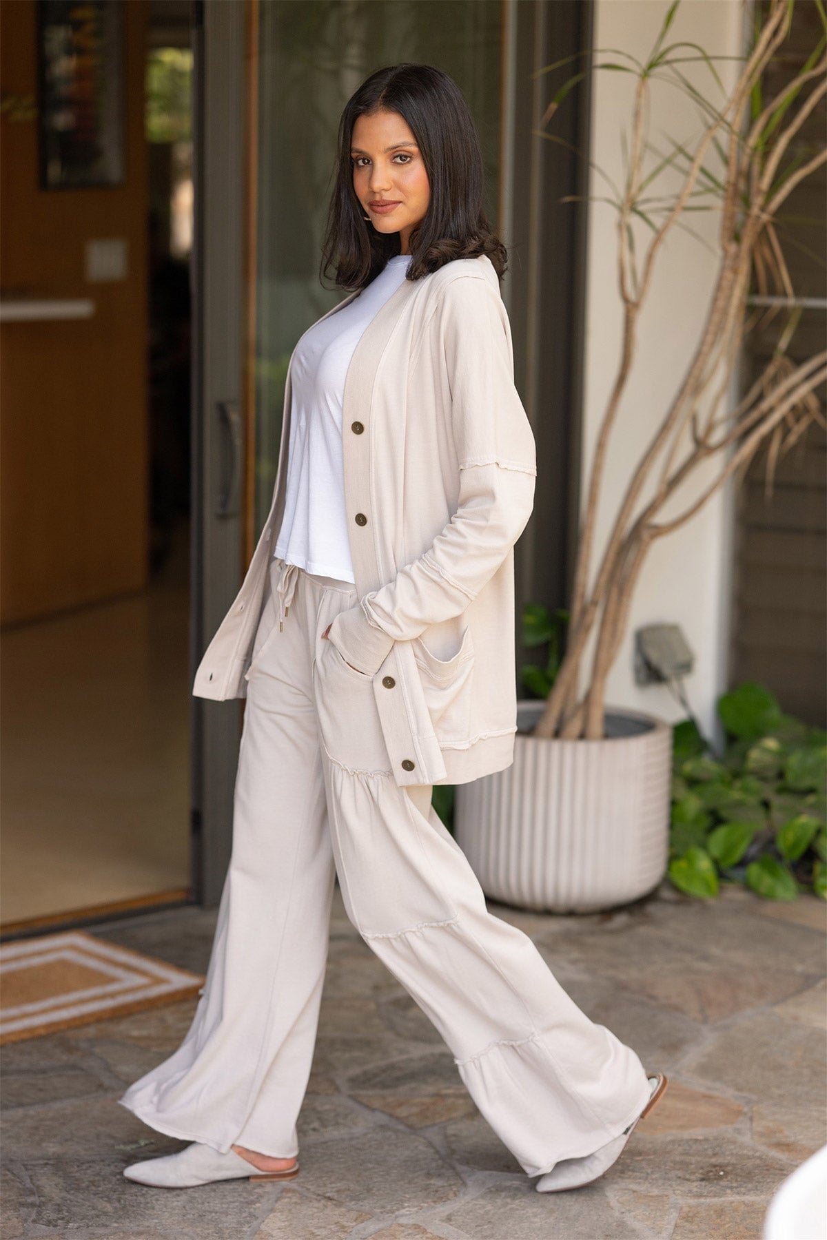 Carola Side-Tiered Wide-Leg Fleece Pant