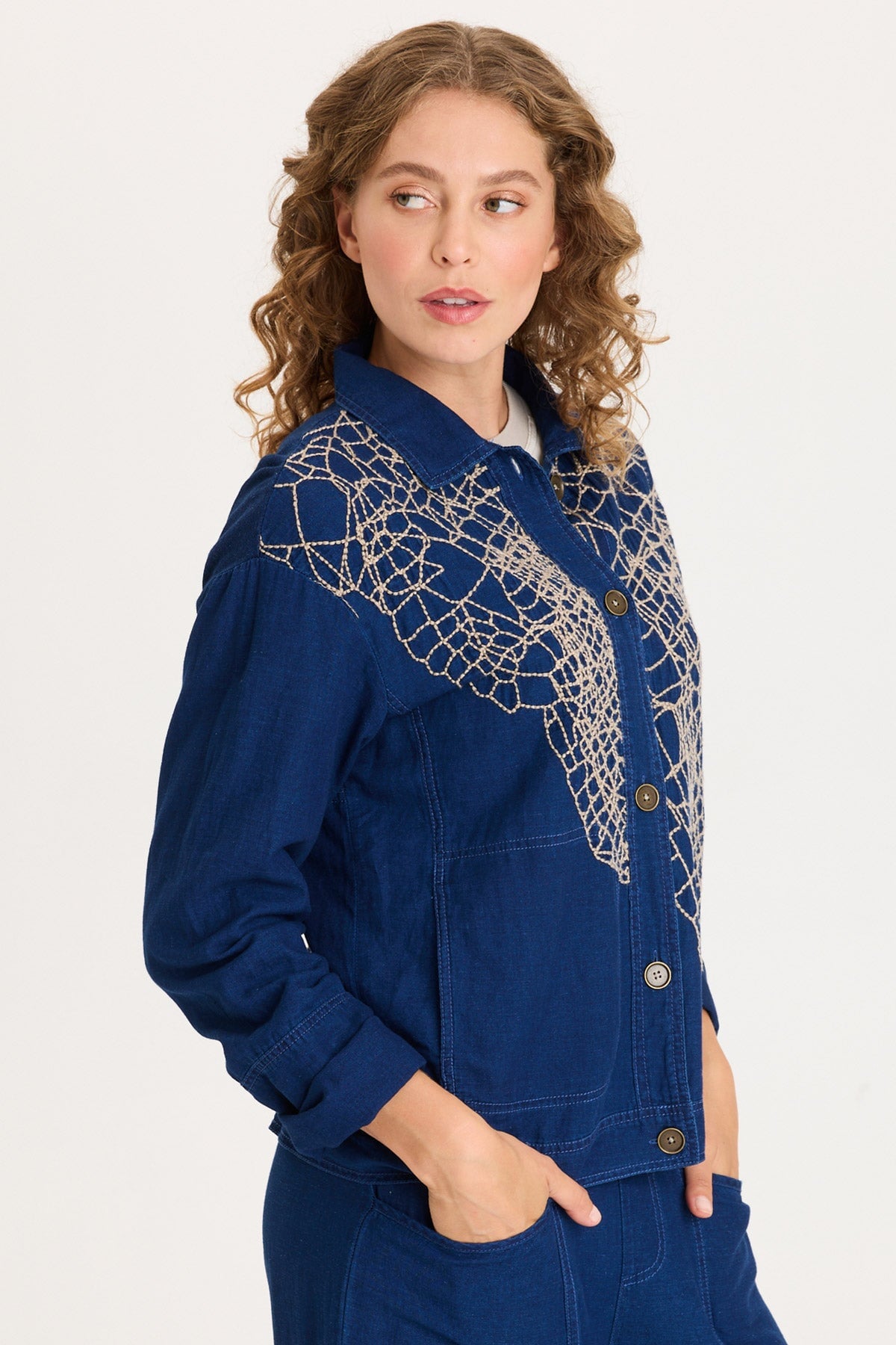 Helm Embroidered Mock-Denim Jacket