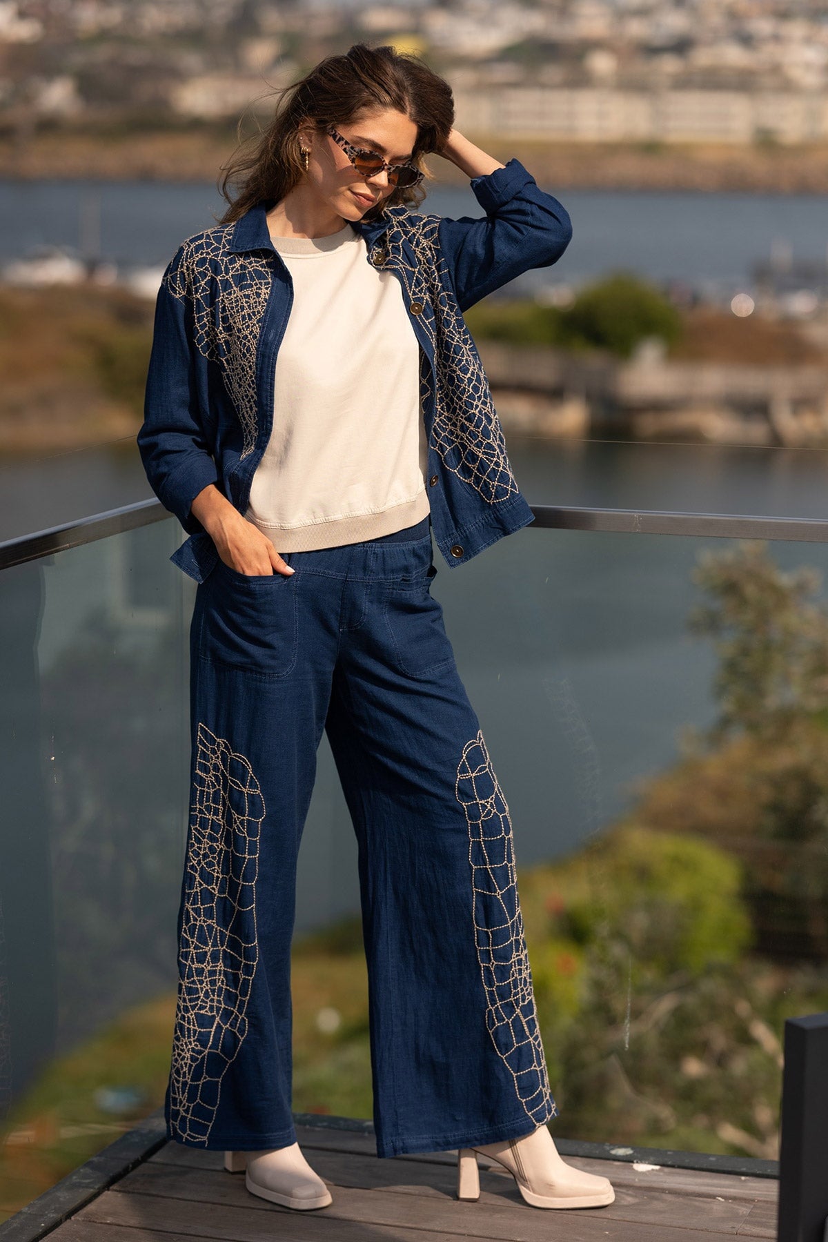 Helm Embroidered Mock-Denim Jacket
