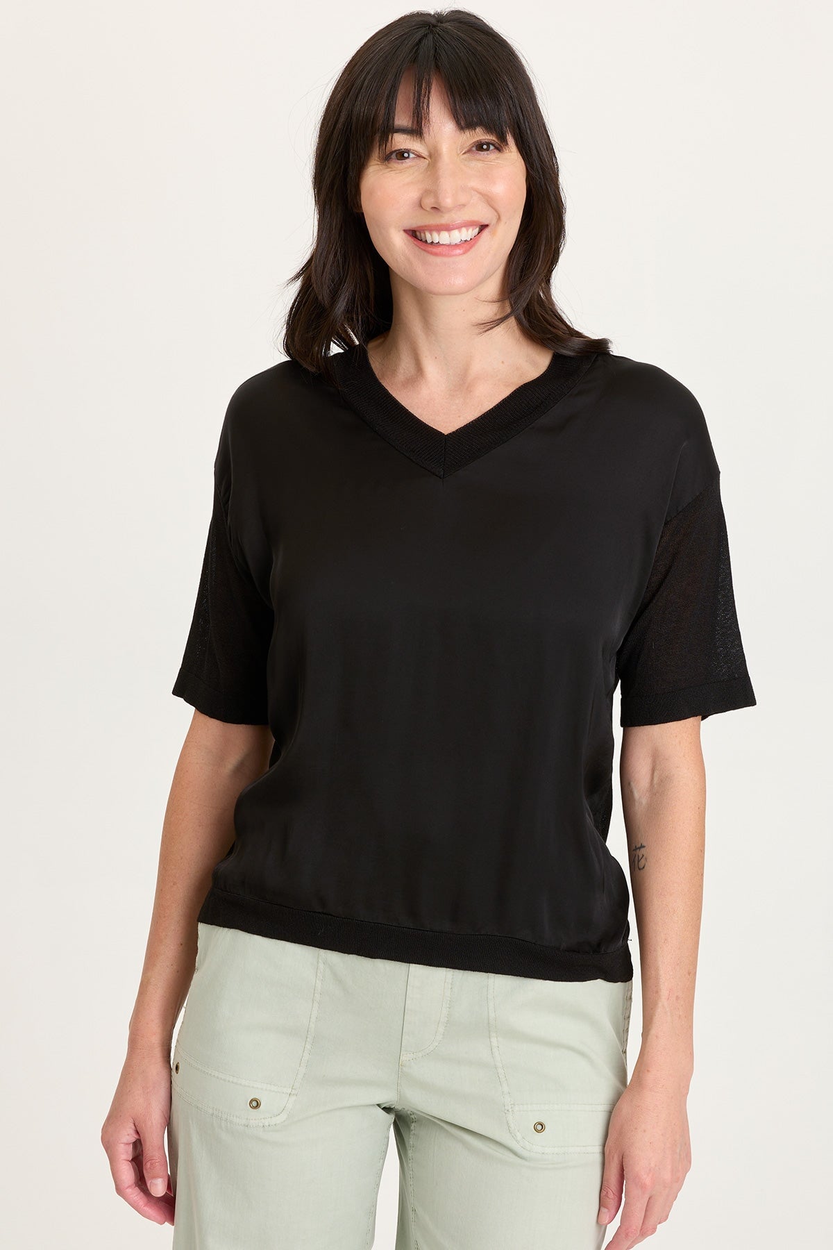 Lottie Satin/Knit V-Neck Top