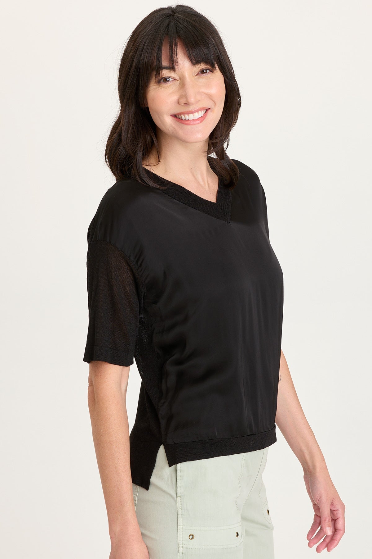 Lottie Satin/Knit V-Neck Top