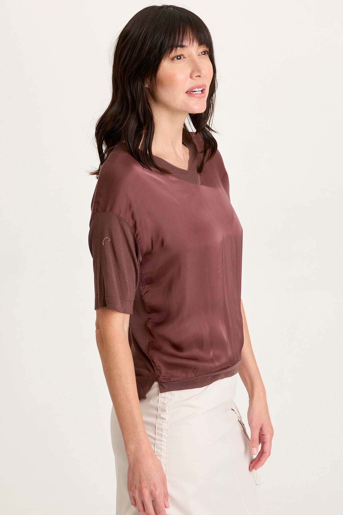 Lottie Satin/Knit V-Neck Top