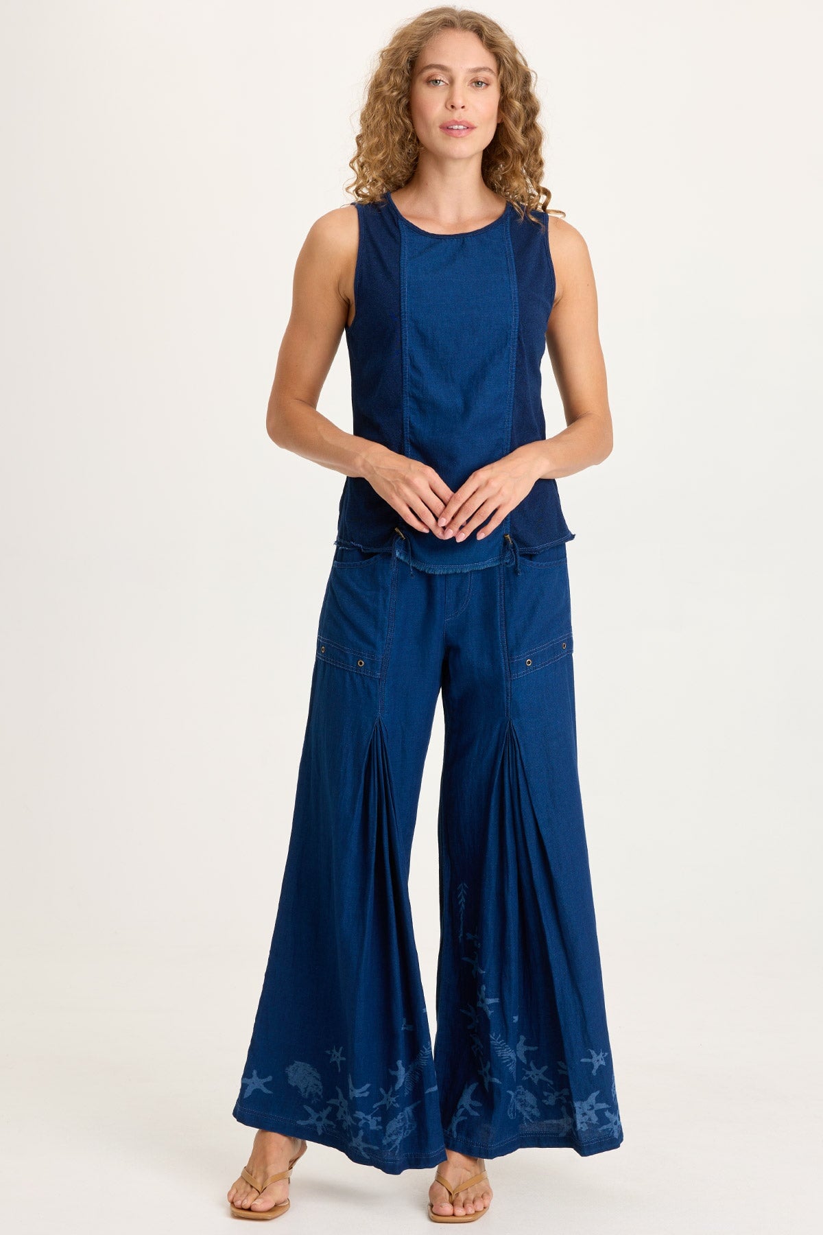 Jerona Printed Indigo Pleated Wide Leg