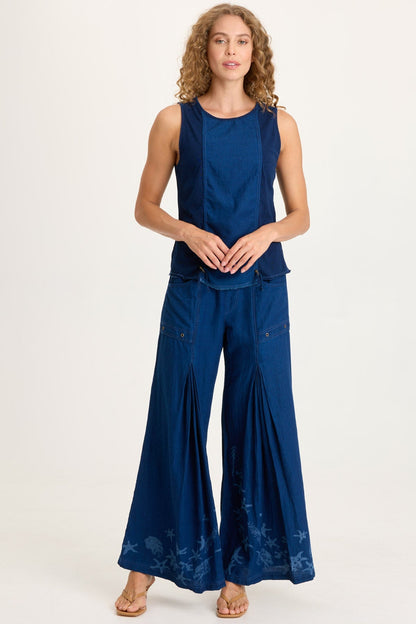 Jerona Printed Indigo Pleated Wide Leg