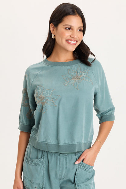 Linton Embroidered Twill/Rib Snap-Up Back Top
