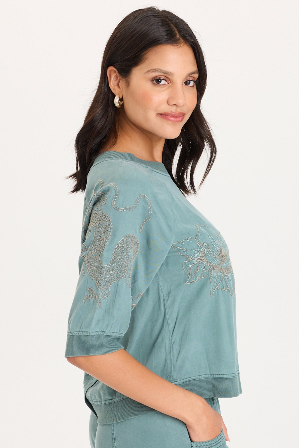 Linton Embroidered Twill/Rib Snap-Up Back Top