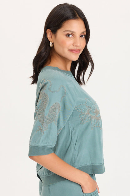 Linton Embroidered Twill/Rib Snap-Up Back Top