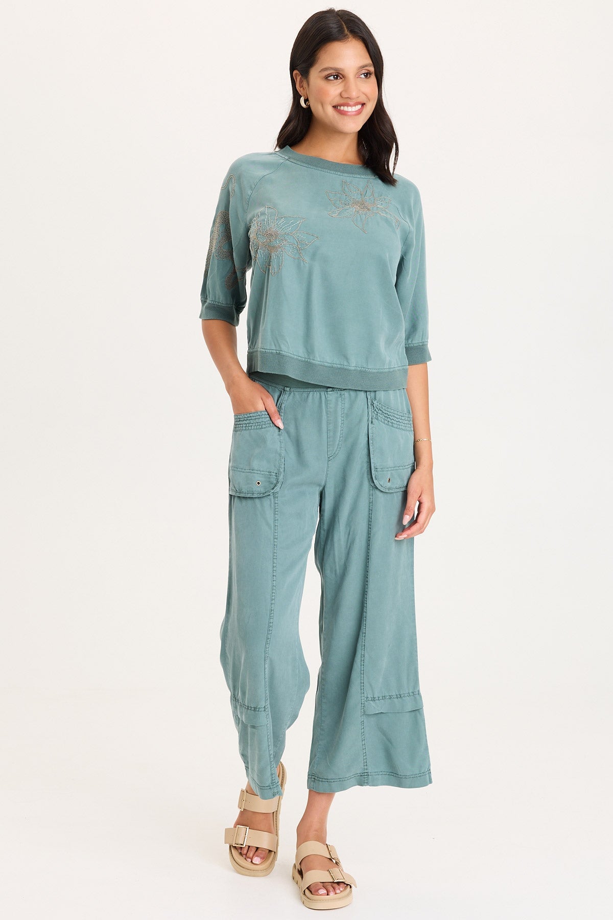 Linton Embroidered Twill/Rib Snap-Up Back Top
