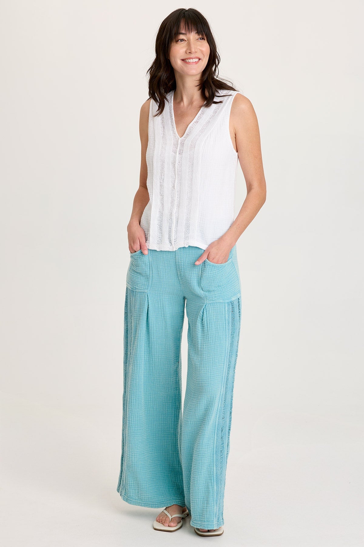 Elu Gauze Lace Trim Wide Leg Pant