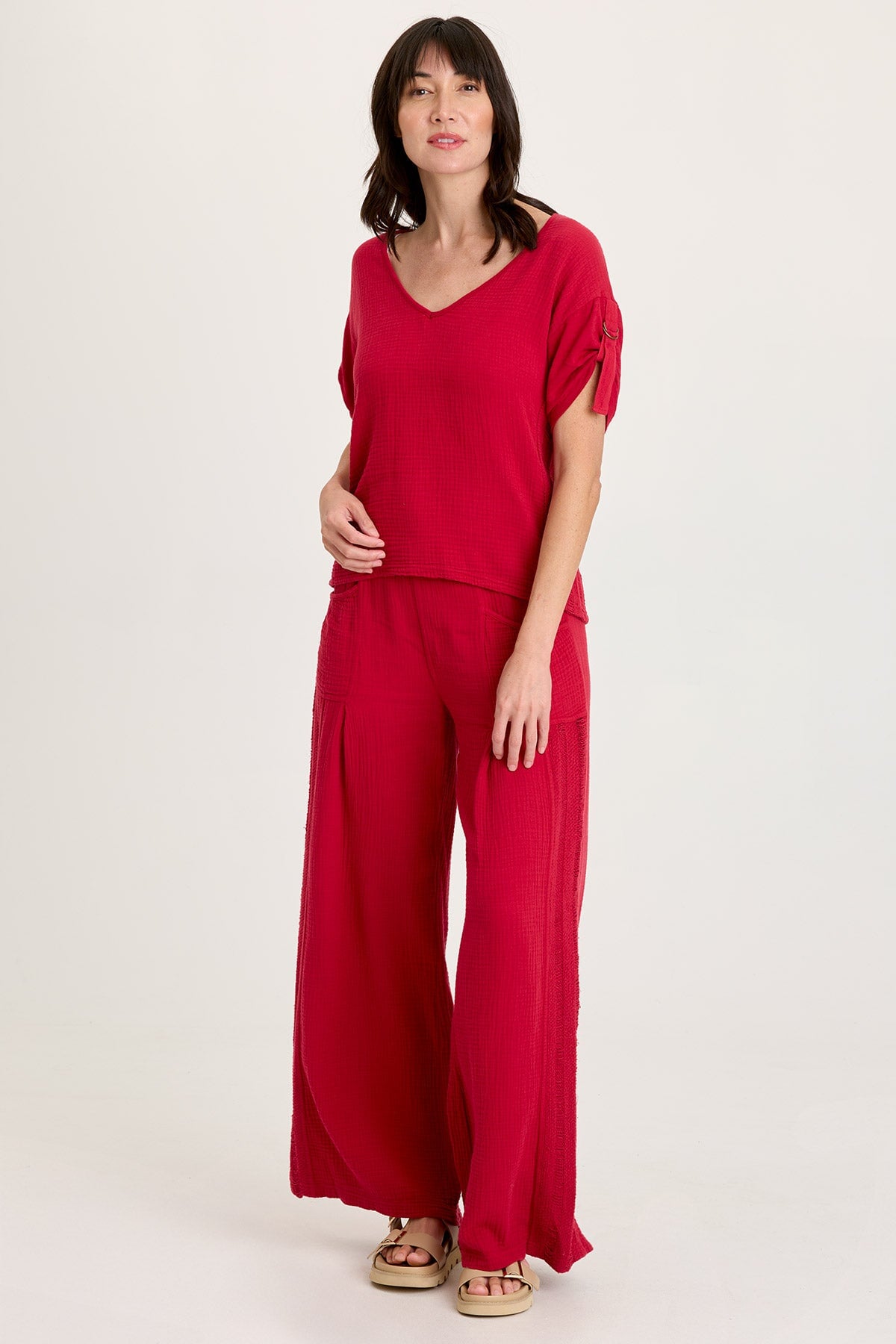 Elu Gauze Lace Trim Wide Leg Pant