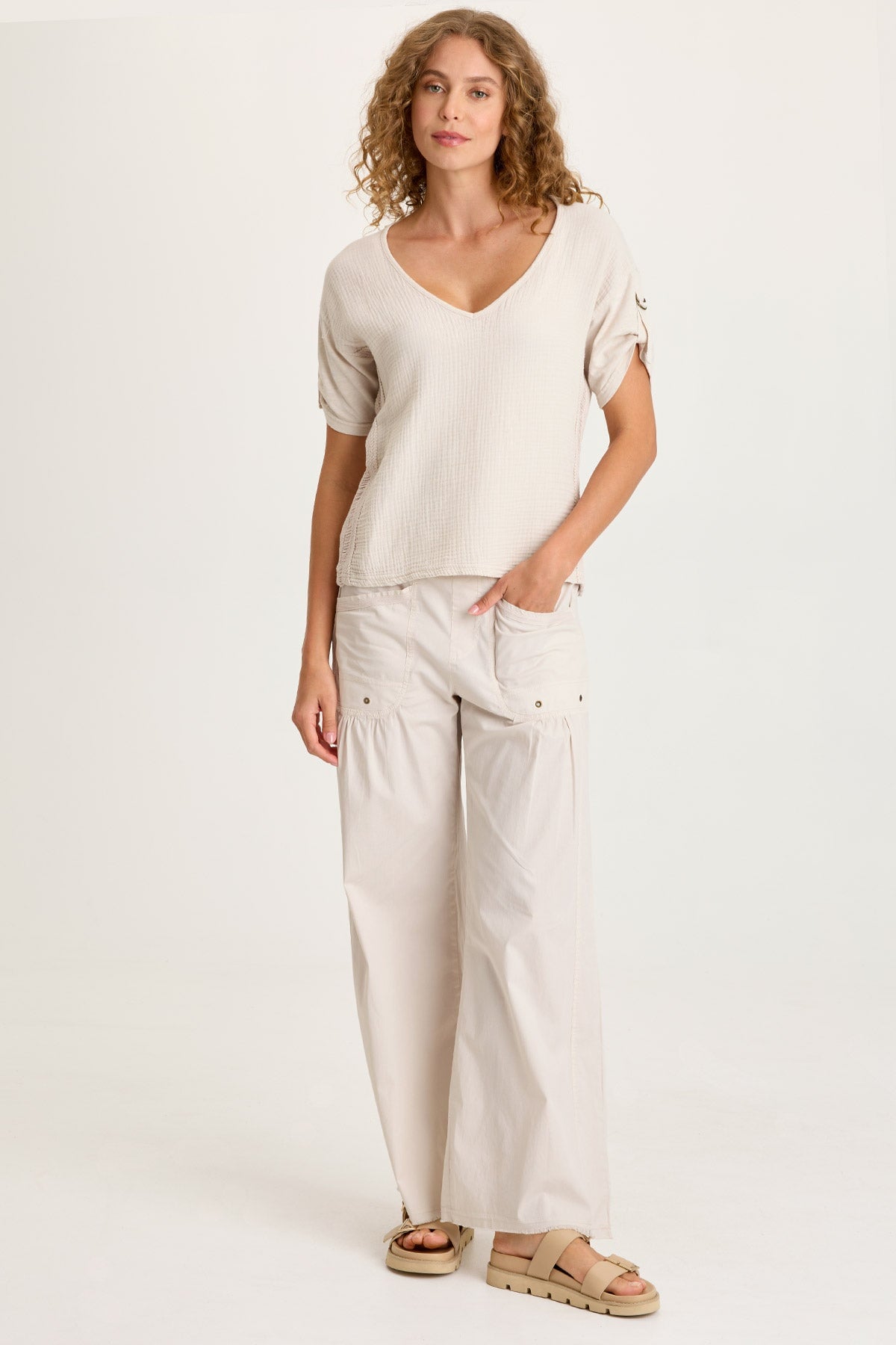 Milani Gauze Lace Trim V-Neck Top