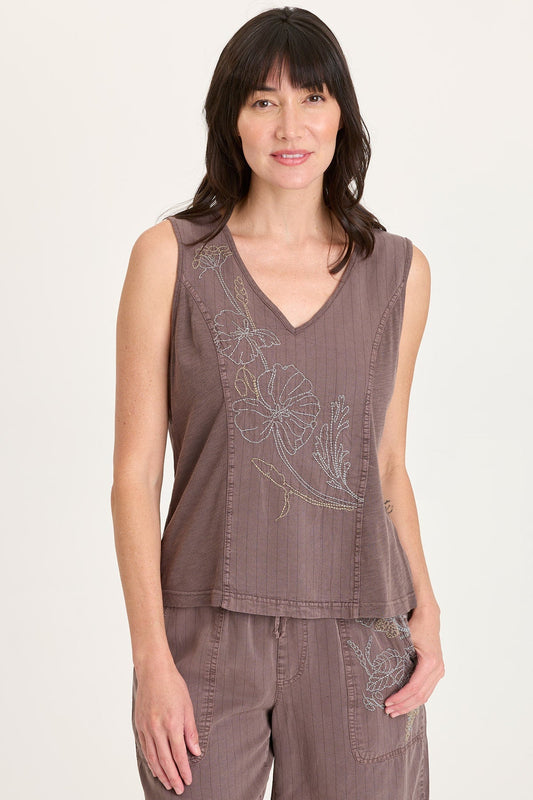 Siska Embroidered Pinstripe V-Neck Tank