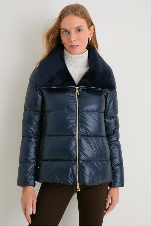Blue Navy Nylon Ultralight Short Jacket with Faux Fur Collar