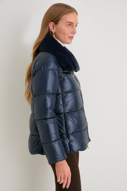 Blue Navy Nylon Ultralight Short Jacket with Faux Fur Collar