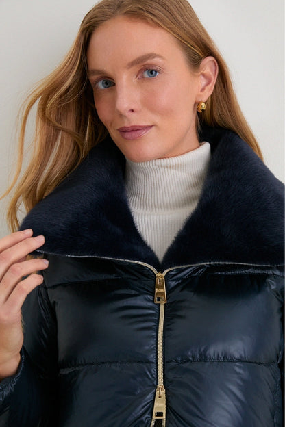 Blue Navy Nylon Ultralight Short Jacket with Faux Fur Collar